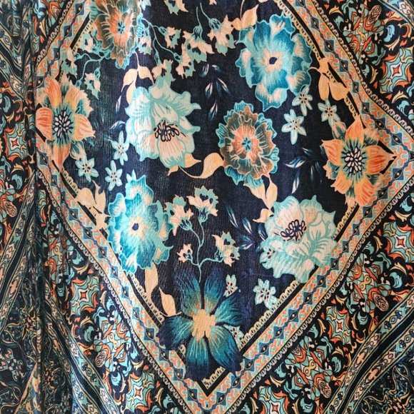 Maurice's Boho Style Sleeveless Swing Dress with Teal, Dark Blue & Peach Design - Picture 1 of 4